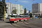 Slowakei / Straßenbahn Košice:  Tatra T3 - Wagennummer 381 / Tatra T3 - Wagennummer 383 ...aufgenommen an der zentralen Haltestelle  Námestie osloboditel`ov  im Juni 2014.