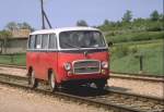 Schienenfahrzeug der Slowenischen Bahnen 1989 auf der Wocheinerbahn aufgenommen.Wenn ich mich recht erinnere,war das die  Feuerwehr  fr unseren Dampfsonderzug.(Archiv P.Walter)
