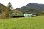 Zwischen Grahovo und Podmelec rollt am 5.10.2026 die 664-108 mit dem AVT857 von Bohinjska Bistrica nach Most na Soči der Bača entlang talw�rts.
Die 1984 von Duro Dakovic und Electro-Motive Division gebaute Diesellok ist mit ihrem 16 Zylinder EMD 16-645E weit zu h�ren. 
Der kaum zu �bersehende amerikanischen Abstammung verdankt sie den namen  Regan  nach dem damaligen amerikanischen Pr�sidenten.