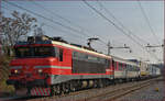 SŽ 363-014 zieht LkW-Zug durch Maribor-Tabor Richtung Norden.