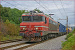 SŽ 363-028 zieht Containerzug durch Maribor-Tabor Richtung Koper Hafen.