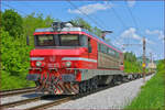 SŽ 363-012 zieht leeren Containerzug durch Maribor-Tabor Richtung Koper Hafen. /10.5.2022