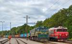 S 363-004 mit Containerzug wartet in Pragersko auf Lokwechseln durch S 664-104.