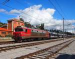 363 027 mit Güterzug im Bhf.