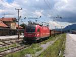 Taurus 541-109 mit einem Gterzug in die Richtung Jessenice auf Bahnhof Lesce Bled am 9-8-2010.