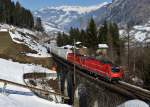 541 017 + 541 107 mit dem Ekol-KLV 41857 nach Triest am 02.03.2013 am Pyrkershhe-Viadukt bei Bad Hofgastein.