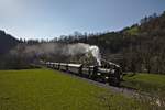 Zwischen Podmelec und Grahovo ist diese Gegenlichtaufnahme der 25.026 mit ihrem herrlilchen Zug bestehend aus 5 Zweiachsern entstanden. (07.04.2018)
