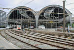 Blick auf die schöne, aber sanierungsbedürftige Bahnhofshalle der Estació de França (Bahnhof Barcelona-França) (E) mit zahlreichen Elektrotriebzügen auf den Gleisen.