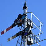 Eines der 1929 von der amerikanischen Firma General Railways Signal-GRS hergestellten Signale auf einer Signalbrücke, die von 1929 bis 1989 im Barceloner Bahnhof Estació de França zu
