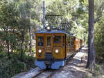 ET1 der Ferrocarril de Sóller am 4.6.2016 mit dem  Tren de Sóller  zwischen Bahnhöfe Mirador del Pujol d’en Banya und Bunyola.