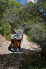 Nicht mehr weit zum Ziel hat es Triebwagen Nummer 3, als er mit seinem Zug von Palma de Mallorca nach Sóller am 19.09.2016 in einem bewaldeten Streckenabschnitt in das Orangental von Sóller
