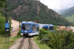 Stadler Triebwagen A 11.1 hat am 12.6.2015 den Talbahnhof Ribes Enllac verlassen und ist auf dem Weg nach Vall de Nuria.