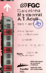 BARCELONA (Katalonien/Provinz Barcelona), 08.06.2006, Fahrkarte von Barcelona nach Montserrat und zurück, gelöst am Automaten im Bahnhof Plaça de Espanya -- Fahrkarte eingescannt