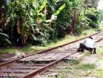 Bahnhof Negombo.Hier werden die Gleise noch von Hand saubergemacht.Als ich dieses Foto machte,habe ich ber den Hund nachgedacht der dort gerade seine Ttigkeit als Sicherungsposten versieht-ein Ohr am Gleis und Laut geben,wenn der Zug kommt.Wuff
