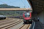 Einfahrt am 02.07.2018 von 1116 203  Spirit of Linz  als RJ 162 (Budapest Keleti - Zürich HB) zusammen mit 1116 205  Spirit of Europe  als RJ 562 (Wien Flughafen - Feldkirch) auf Gleis 3 des