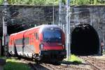 A-ÖBB 73 81 80-90 756-5 Afmpz am 15.August 2019 als letztes Fahrzeug des RJ 559 (Flughafen Wien - Graz) bei der Ausfahrt aus dem Bahnhof Semmering.