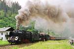 07.06.2003, Österreich, Salzburger Land, Vom 7. bis 9. Juni 2003 fand im österreichischen Selzthal das zweite Dampflokfest statt. Am 7.Juni habe ich auf dem Weg dahin im Fritzental bei Niedernfritz diesen Sonderzug aus Salzburg fotografiert. Lok 12.14 der ÖBB führt, dahinter hilft (ex DR) 03 2295. Der Zug ist übrigens länger als es hier scheint. Er windet sich gerade durch eine dem engen Tal angepasste Kurve