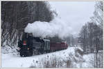 431.032 (ex ÖBB 93.1360) am 12.1.2019 mit ihrem Pn 59253 von Poniklá nach Martinice v Krk. kurz nach der Ausfahrt aus Poniklá aufgenommen.