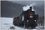 431.032 (ex ÖBB 93.1360) am 13.1.2019 mit ihrem Pn 59283 von Rokytnice nad Jizerou über Martinice v Krk., Stará Paka und Libuň nach Turnov in der Pampa ca.