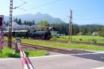 Die 93 1332 der NBiK dampft in wunderschner Landschaft hochglanzpoliert mit ihrem Sonderzug irgendwo durch Krnten. Sommer 2005