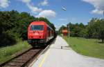 BR 2016 012 zieht als Sammler einen beladenen Gterzug wieder zruck Richtung ungarische Grenze, aufgenommen in der Haltestelle Unterpetersdorf bei Km 13,5 im Juli 2012