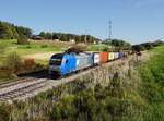 Die 2016 904 mit einem Containerzug am 05.10.2017 unterwegs bei Križni Vrh.