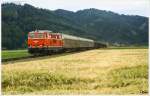 Vorbei an den Getreidefeldern nahe Wasendorf, rollt 2143.035 mit dem Leerzug 63515 von Pöls nach Zeltweg.