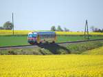 R5214 unterwegs am 30.04.2008 von Grnau  nach Wels passiert bei Steinhaus ein paar  Rapsfelder.Der Personenverkehr auf dieser  Nebenstrecke wird ausschliesslich von  Triebzgen der Reihe 5047