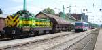 Gysev M 40 401 und 2 Dieseltriebwagen der Br 5047 am 29.8.2008 in Wulkaprodersdorf