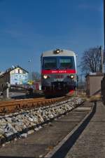 Betriebsalltag auf der Mühlkreisbahn: Noch einmal der R3172 bei der Ausfahrt aus Linz (01.03.2014)