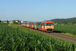 Die beiden VT 70er VT 70.10 und VT 70.05. waren am Abend des 27. Juni 2011 als R 8569 von Graz Hauptbahnhof via Lieboch nach Wies-Eibiswald unterwegs und wurden von mir kurz vor dem Fahrtziel fotografiert. Die Einlierferung von Betonmasten ist bereits in vollem Gange und bald wird diese weststeirische Eisenbahnstrecke elektrifiziert sein.