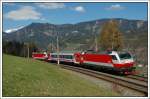 1014 010 und 1014 012 mit ihrem Messwagen als SPROB 94053 von Gloggnitz nach Eichberg aufenommen am 10.4.2008 auf der Semmering Nordrampe kurz vor Eichberg.