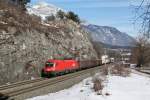 1016 021 mit einem gemischten Gterzug am 03.03.2012 bei Jenbach.