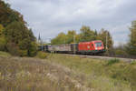 1116 055 mit einem KLV-Zug bei Fahlenbach Richtung München, 21.10.2017