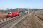 1116 199 mit einem KLV-Zug bei Oberhessbach Richtung Ansbach, 23.02.2019