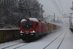 Am Nachmittag des 4.1.2019 durchfährt die vom Schnee gezeichnete 1116 066 mit einem Containerzug die Haltestelle Salzburg Parsch in Richtung Süden.