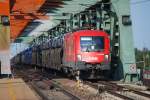 1116 059 zieht einen Gterzug voller Autos durch die Haltestelle Wien Praterkai (27.8.2008)