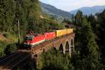 BB 1144 122 und ein Taurus ziehen am 29.08.12 den Nothegger-KLV ber das Hundsdorfer Viadukt bei Bad Hofgastein.