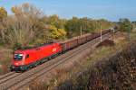 1116 140 mit Gterzug kurz vor Strasshof, am 15.10.2013.