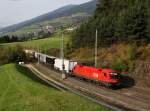 Die 1116 091 mit einer RoLa am 07.10.2014 unterwegs bei Matrei am Brenner.