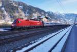 1116 086-0 mit IC 691 (Klagenfurt Hbf - Salzburg Hbf - Flughafen Wien (VIE)), am 12.2.2016 beim Halt in Dorfgastein.