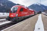 1116 134-8 mit EC 113 (Frankfurt (M) Hbf - Klagenfurt Hbf/ - Zagreb Glavni kol.), am 12.2.2016 beim Halt in Mallnitz-Obervellach.