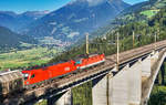 1144 103-9 und 1116 177-7 überqueren mit einem Güterzug die Pfaffenberg-Zwenberg-Brücke bei Penk.