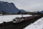 Der neue ``Ski-WM Railjet `` der BB, EX ´´175 Jahre Eisenbahn in sterreich`` fhrt am 27.1.2013 von Wien nach Bregenz, hier zwischen Kufstein und Wrgl.