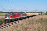 1142 685 und 1142 586 mit einem Hackschnitzelzug zwischen Himberg und Gramatneusiedl, am 13.09.2018.