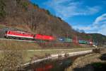 BR 1142 und 1116, unterwegs mit einem Containerzug Richtung Payerbach-Reichenau.