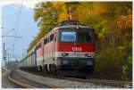 Herbstliche Teleaufnahme von 1142 609 & 1142 615, welche mit einem Gterzug durch Schlglmhl fahren.