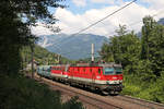 Der schwere,ziemlich verspätete Kohle-GAG 47041 fährt mit 1144.121+1142.586 und zwei 1144er als Nachschiebe bei Payerbach bergwärts.