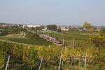 Beginnende Herbststimmung in den Weinbergen rund um Pfaffstätten und Gumpoldskirchen,wo 1144.032 mit ihren Reg.fährt.