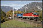 1144 106 + 1216 233 + 1142 621 ziehen am 22.10.2019 einen Güterzug auf dem Payerbachgrabenviadukt Richtung Semmering.